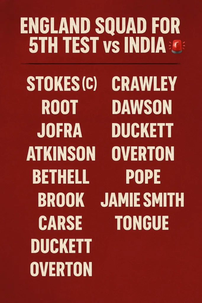 ENGLAND SQUAD FOR 5TH TEST vs INDIA