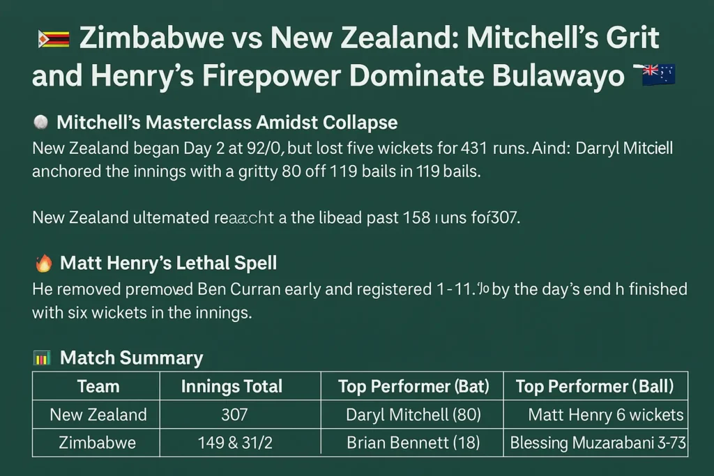 Zimbabwe vs New Zealand: Mitchell’s Grit and Henry’s Firepower Dominate Bulawayo Test 