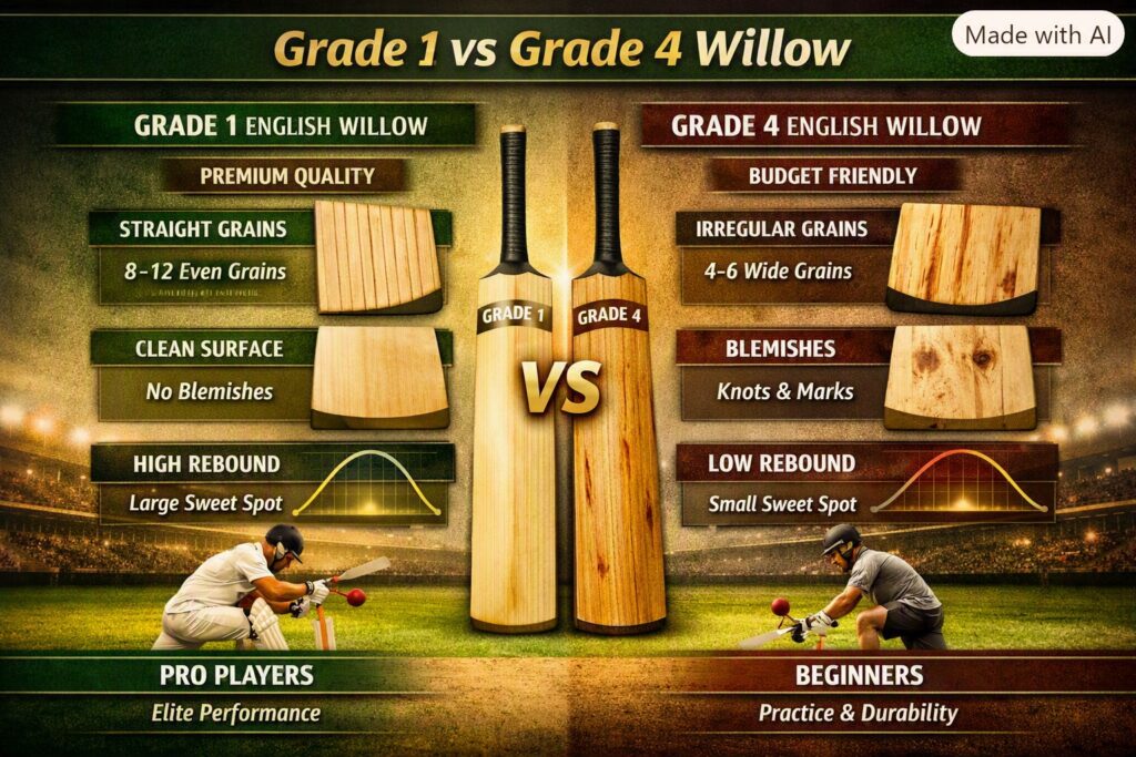 English Willow Cricket Bats Grade 1 vs. Grade 4